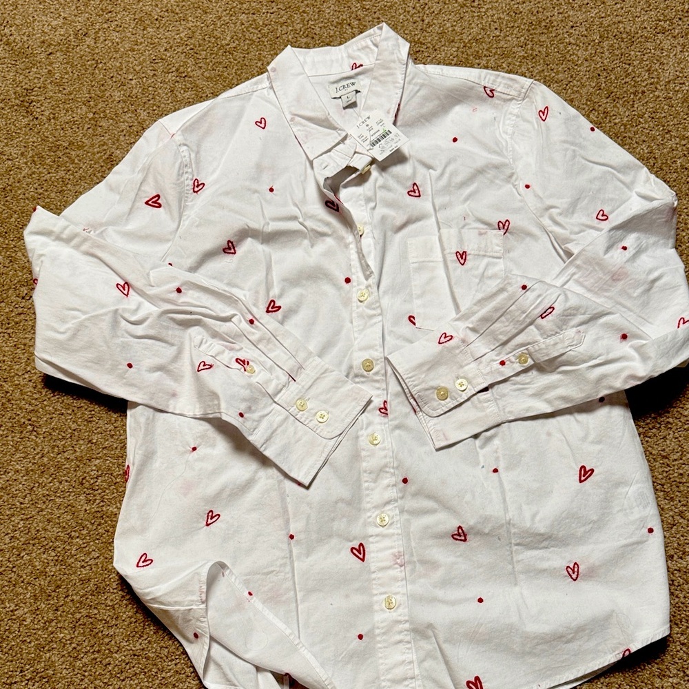 J. Crew White Shirt with Red Heart Design Large NWT